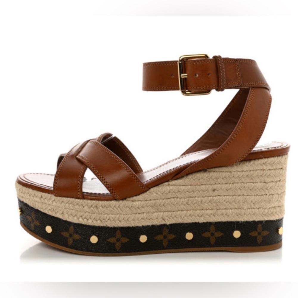 LOUIS VUITTON Calfskin Studded Espadrille Wedge Cognac Sandals EUC